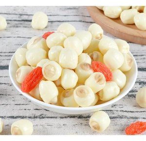 Detailed macro shot of realistic PVC lotus seeds and red goji berries in a white bowl