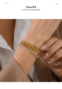 Three-layer gold chain bracelet set with cubic zirconia tennis chain on woman's wrist
