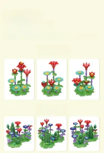Detail showing various assembly stages of colorful modular flower building blocks for kids