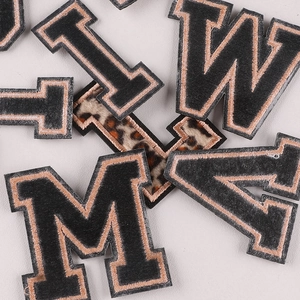 Leopard print embroidered alphabet patches with golden borders for clothing decor