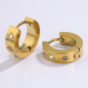 Detailed macro view of gold-plated starburst hoop earrings with sparkling zircon inlay