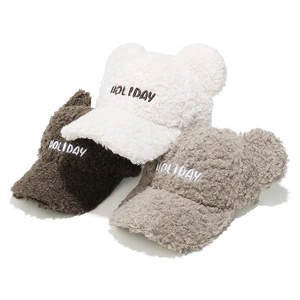 Plush lamb wool baseball caps with cute bear ears and Holiday embroidery in three colors