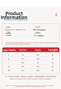 Tableau des tailles du S au 2XL pour shorts de yoga taille haute avec détails du tissu