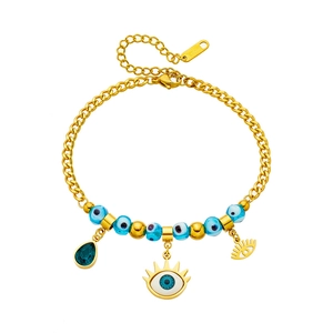 Golden stainless steel evil eye beaded bracelet with teardrop and hollow eye charms