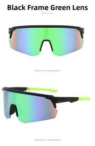 Front and side view of black sports sunglasses with green mirrored lenses for cycling