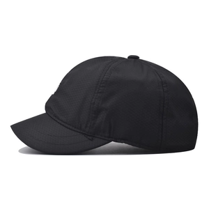 Detailed side profile of a lightweight black quick-dry cap with a short sun-shielding brim