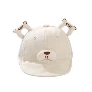 Creamy white baby mesh cap with cute 3D bear ears and breathable summer design
