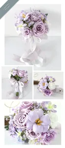 Detail view of taro purple bridal bouquet with silk ribbons and mixed artificial roses