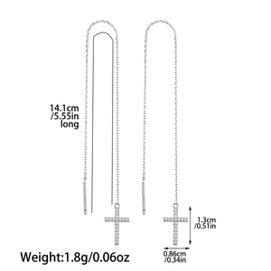 Detail view of S925 silver cross drop earrings with length and weight measurements