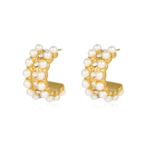 Golden C-shaped stainless steel earrings with white pearls and sparkling cubic zirconia