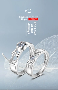 Adjustable silver couple rings featuring 520 and 1314 numeric engravings and sparkling cubic zirconia