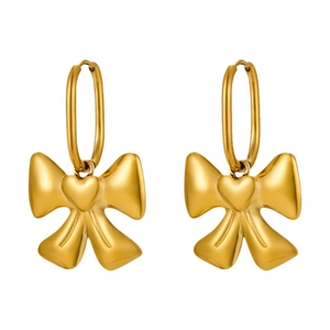 Elegant gold bow heart earrings in stainless steel with a high-polished metallic finish