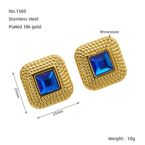 Detailed view of 18k gold plated stainless steel square earrings with blue rhinestone