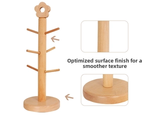 Detail showing smooth beech wood texture and six branch hooks on flower tree mug rack