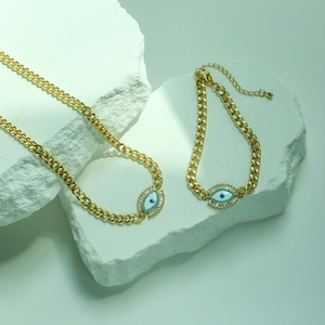 Evil Eye Necklace And Bracelet Stainless Steel Zircon Enamel Pendant Cuban Chain Fashion Jewelry For Women