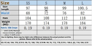Size guide for crinkle texture vest and midi skirt set with waist and hip measurements