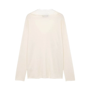 Detail of elegant lace V-neckline stitching on ivory long-sleeve knit top