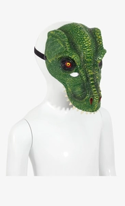 Detail view of 3D dinosaur mask with green scale texture and elastic strap on side profile