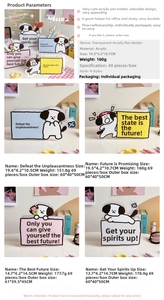Detail view of four acrylic pen holders with cute cartoon dog patterns and dimensions