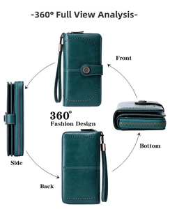 Multi-angle views of a vintage dark green RFID trifold long wallet with wrist strap