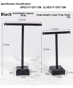 Detailed size specifications for small and large black metal earring display stands