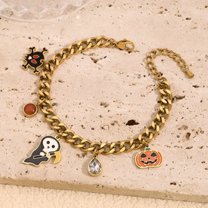 Halloween 18K gold plated Cuban chain bracelet with pumpkin and skull charms
