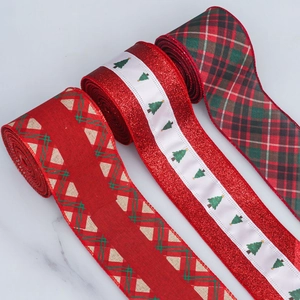 6cm wired Christmas faux linen ribbon set with plaid and glitter tree patterns
