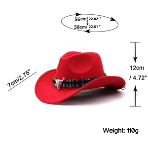 Red wool felt western cowboy hat with ethnic bull skull band and size measurements