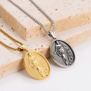 Oval vintage portrait pendant necklaces in gold and silver steel on stone block