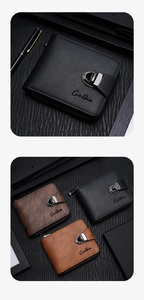 Detail of short leather wallet with zipper closure and litchi grain texture in three colors