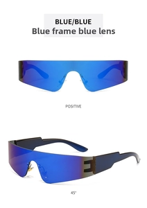 Futuristic blue rimless sunglasses with seamless mirror wrap-around shield design