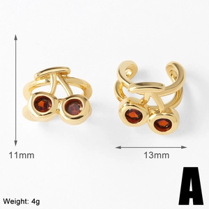 Detail view of 18k gold plated cherry ear cuffs with red zircon and size measurements