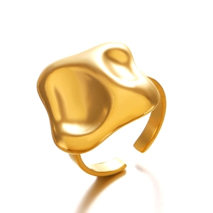 Polished golden stainless steel open ring with irregular hammer texture for women