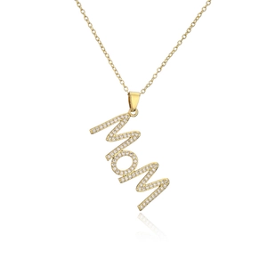 Detailed view of 18K gold plated MOM pendant necklace with sparkling zircon pavé