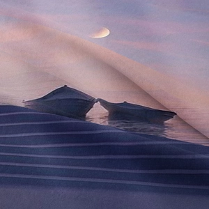 Macro detail of the twilight landscape print and woven texture on this artistic tapestry