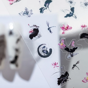 Ink style lotus nail art stickers with pink flowers and dragonflies on transparent film