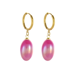 Golden titanium steel twist hoop earrings with iridescent pink resin oval pendant