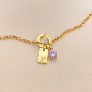 Gold stainless steel necklace with purple gemstone and letter P pendant
