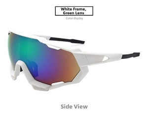 Side view of white matte cycling sunglasses with green gradient lenses and anti-slip temples