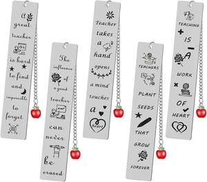 Set of five stainless steel bookmarks with apple pendants and teacher appreciation quotes