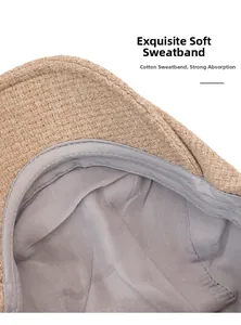 Détail du bandeau en coton doux à l'intérieur du béret en tricot beige avec couture