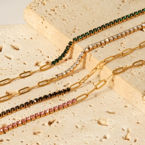 Stainless steel paperclip and zircon tennis chain bracelet set in four elegant colors