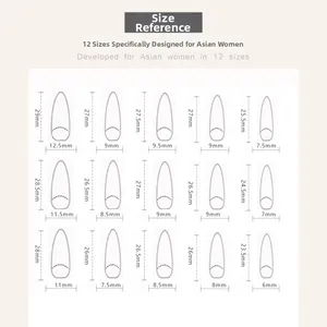 Detailed size chart for handmade press-on nails with 15 dimensions for different finger sizes