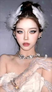 Detail of elegant white feather headpiece with pearl earrings and gemstone jewelry