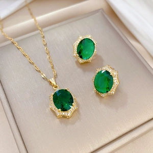 Titanium steel jewelry set with emerald marquise pendant necklace and matching stud earrings