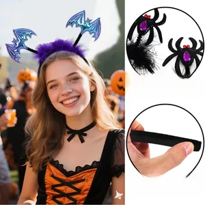 Detail showing laser bat wings and purple feather hairband with soft leather material