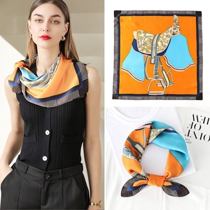 70cm square silk scarf with vintage orange saddle horse print and striped borders