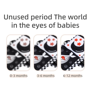Infant cloth book showing visual development stages from zero to twelve months old