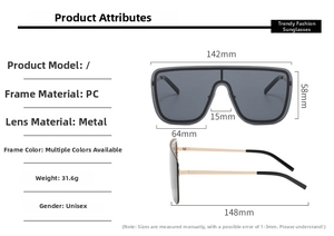 Detail view of oversized shield sunglasses showing technical dimensions and PC frame specs