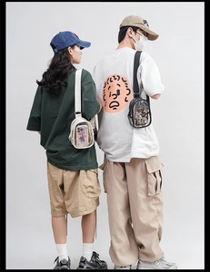 Detailed view of transparent PVC crossbody chest bags shown on male and female models